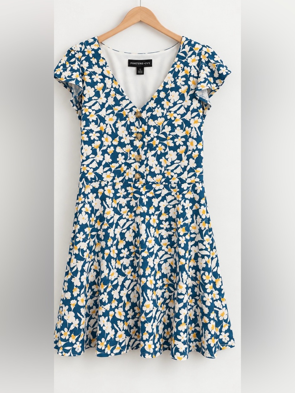Fortune + Ivy Jana Button Detail Knit Dress Floral Teal Blue L NWT